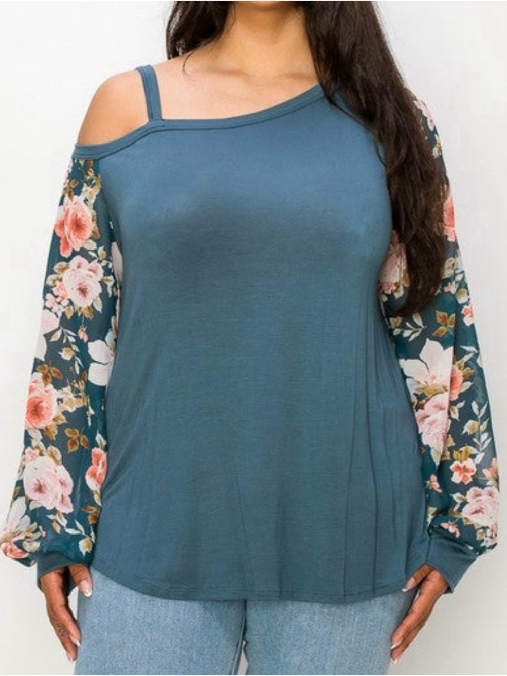 A.GAIN Cold-Shoulder Floral Sleeve Women's Top in Teal Plus
